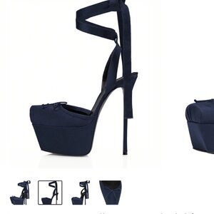 Navy Blue Satin Platform Ankle-Tie Stiletto Heels
